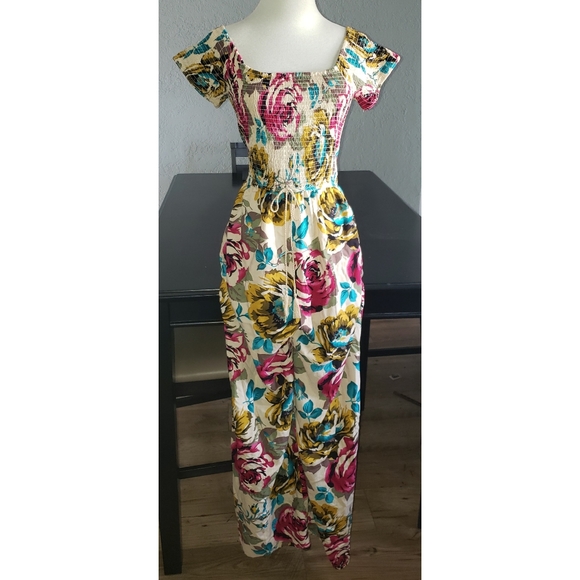 Band of Gypsies Pants - [Band of Gypsies] Smocked Floral Wide Leg Jumpsuit